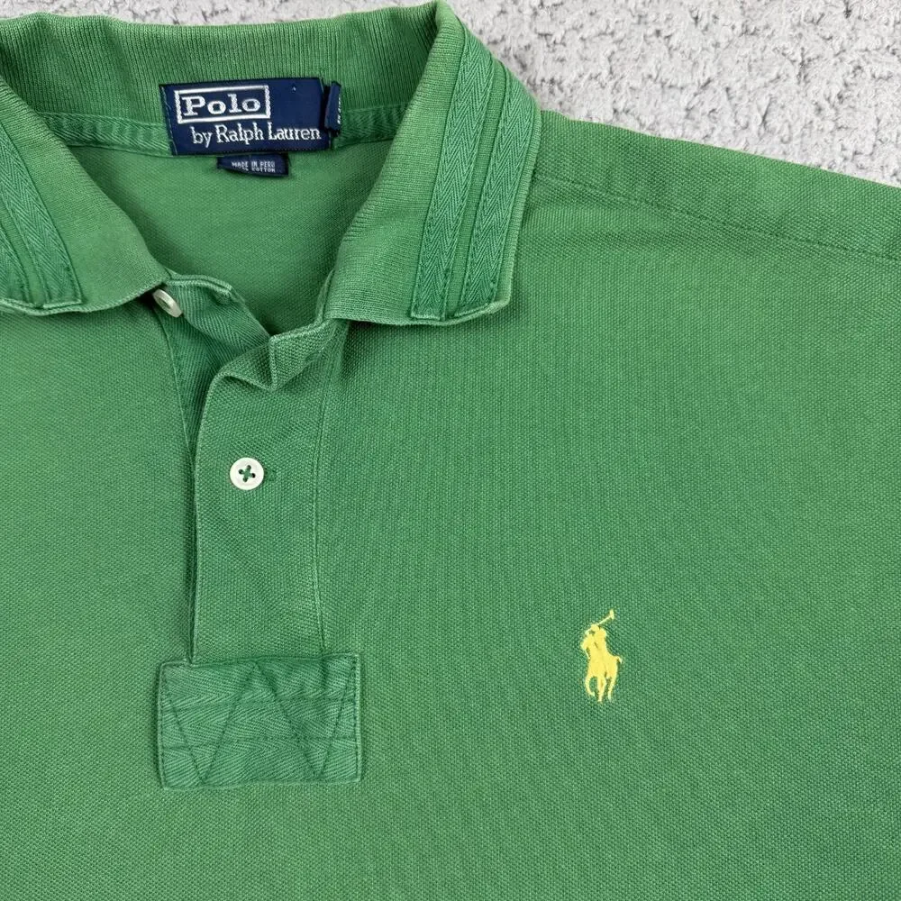 Polo Ralph Lauren Rugby Shirt Men XL Green Striped Collar Pony Short Sleeve VTG